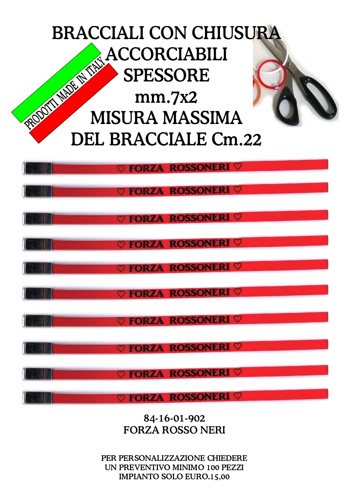 84-16-01-0902 Bracciali Accorciabili in Gomma Rossoneri CONFEZIONI da n.10 Pz.