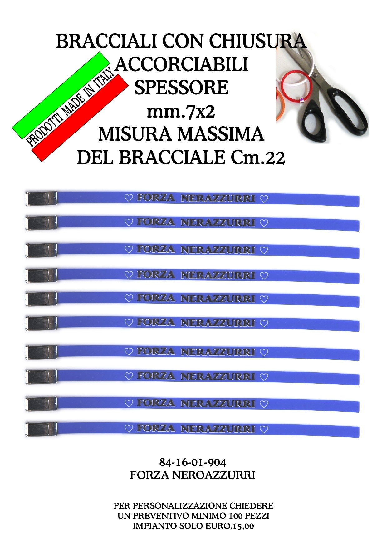 84-16-01-0904 Bracciali Accorciabili in Gomma Nerazzurri CONFEZIONI da n.10 Pz.