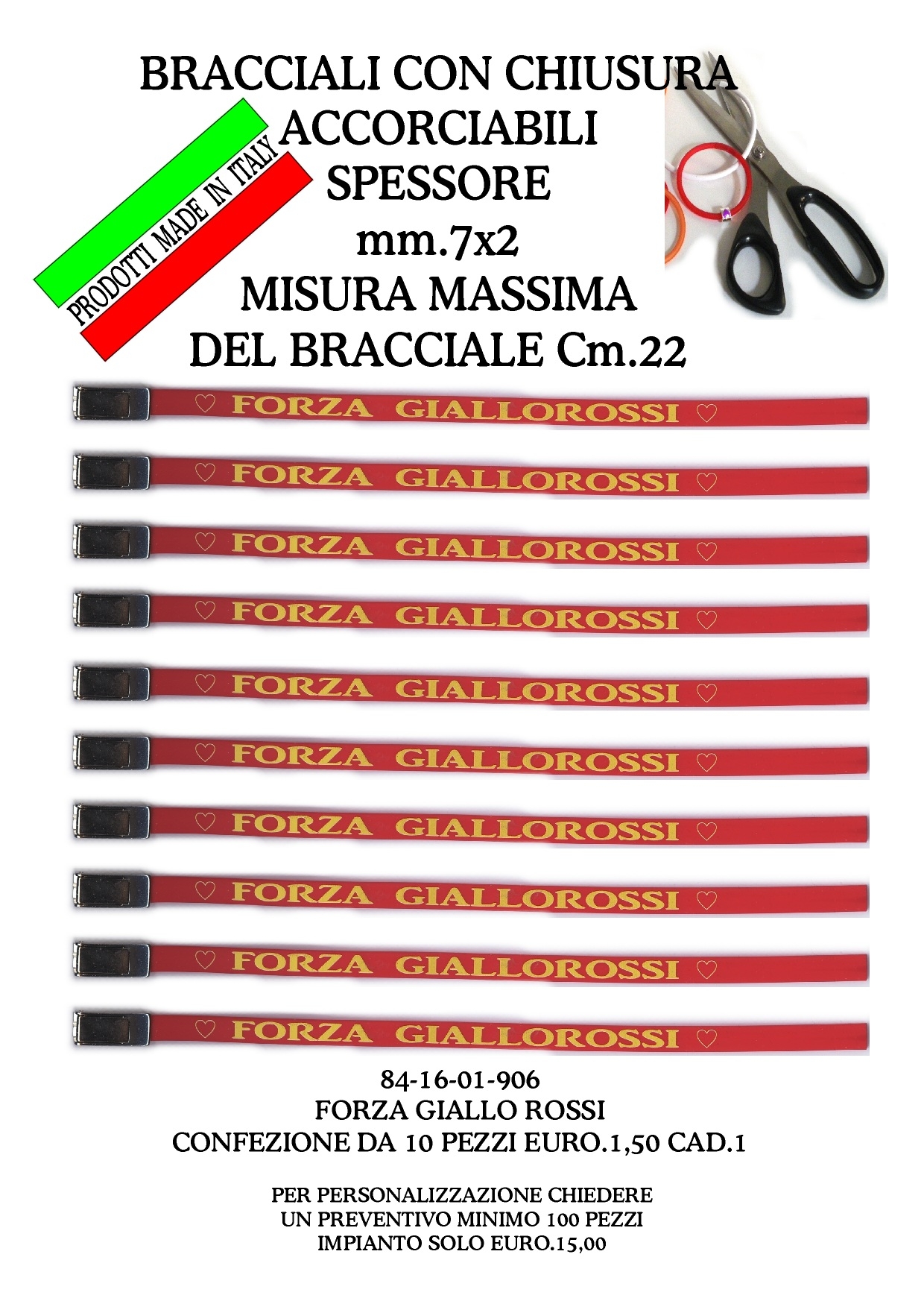 84-16-01-0906 Bracciali Accorciabili in Gomma Giallorossi CONFEZIONI da n.10 Pz.