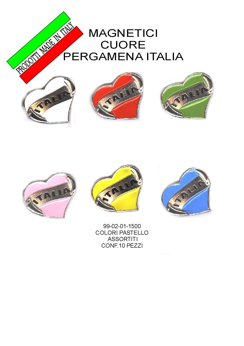 99-02-01-1500 Magneti cuore pergamena "ITALIA" col.ass. CONFEZIONI da n.10 Pz.